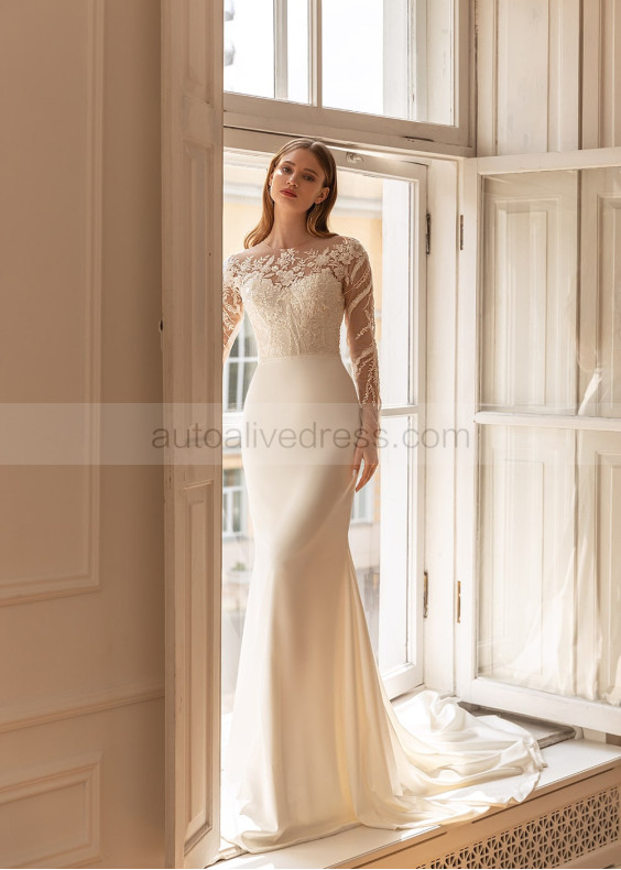 Long Sleeves Ivory Lace Satin Beaded Sequined Wedding Dress